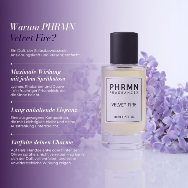PHRMN Velvet Fire Pheromon Parfum – fruchtiger Duft mit Lychee, Rhabarber und Guave, langanhaltende Eleganz und unwiderstehlicher Charme
