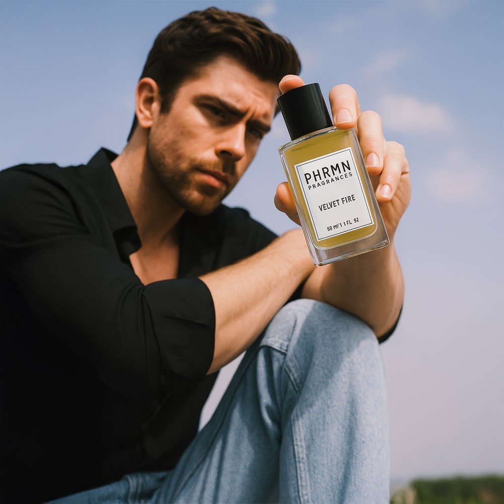 Mann hält PHRMN Velvet Fire Pheromon Parfum in die Kamera – maskulin und modern